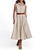 Color:Natural - Image 1 - Linen Sleeveless Point Collar V-Neck Side Pocket Belted A-Line Pleated Button Front Midi Dress