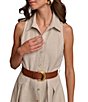 Color:Natural - Image 4 - Linen Sleeveless Point Collar V-Neck Side Pocket Belted A-Line Pleated Button Front Midi Dress