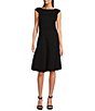 Color:Black - Image 1 - Pique Knit Sleeveless Boat Neck Pleated A-Line Dress