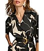 Color:Black/Parchm - Image 5 - Printed 3/4 Sleeve Notch Collar Belted Linen Side Pocket A-Line Midi Dress