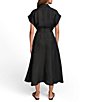 Color:Black - Image 2 - Short Sleeve Point Collar Tie Waist Linen Blend Midi A-Line Dress