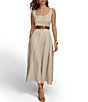 Color:Natural - Image 1 - Sleeveless Square Neck Belted Midi Linen Blend Sheath Dress