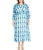 Color:Cream/Powder Blue - Image 1 - Plus Size V-Neck 3/4 Sleeve Printed Maxi Dress