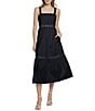 Color:Black - Image 1 - Poplin Square Neck Sleeveless Tiered Midi Dress