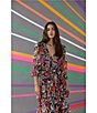 Color:Cream/Hot - Image 4 - Printed V Neckline Long Sleeve Tiered Midi Dress