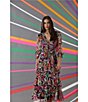Color:Cream/Hot - Image 5 - Printed V Neckline Long Sleeve Tiered Midi Dress