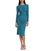 Color:Ocean Depths - Image 1 - Stretch Crew Neck Long Sleeve Ruched Midi Sheath Dress