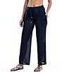 Color:Navy - Image 1 - Flat Front Mesh Elastic Waist Wide Leg Cover-Up Pant