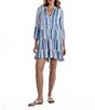 Color:White/Blue - Image 1 - Gauze Stripe Print Tiered Hem Cover-Up Dress