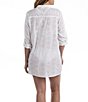 Color:White - Image 2 - Pintuck Eyelet Detail Split V-Neck Roll-Tab Long Sleeves Button Front Cover-Up Shirt Dress