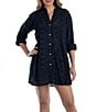 Color:Navy - Image 1 - Pintuck Eyelet Detail Split V-Neck Roll-Tab Long Sleeves Button Front Cover-Up Shirt Dress
