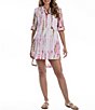 Color:Pink/White - Image 1 - Tie Dye Print V-Neck Roll-Tab Sleeve Tunic Cover-Up Dress