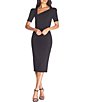Color:Black - Image 1 - Ruth Asymmetrical Neck Short Sleeve Back Slit Sheath Midi Dress