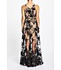 Color:Black/Nude - Image 2 - Sidney 3D Floral Plunging V-Neck Sleeveless Maxi Dress