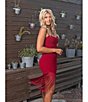 Color:Garnet - Image 4 - Stretch Crepe Sweetheart Neck Sleeveless Fringe Side Midi Dress