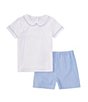 Color:Blue/White - Image 1 - Little Boys 2T-7 Short Sleeve Piping Knit Top & Gingham Shorts Set