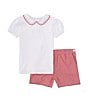 Color:Red - Image 1 - Little Girls 2T-6X Peter Pan Collar Short Sleeve Top & Shorts Set