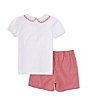Color:Red - Image 2 - Little Girls 2T-6X Peter Pan Collar Short Sleeve Top & Shorts Set