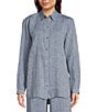 Color:Chambray - Image 1 - Chambray Yarn Dyed Organic Linen Point Collar Long Sleeve Button-Front Shirt