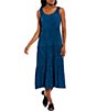 Color:Atlantis - Image 1 - Crinkle Silk Scoop Neck Sleeveless A-Line Tiered Midi Dress