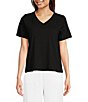 Color:Black - Image 1 - Organic Cotton Slubby Jersey Knit V-Neck Short Sleeve Tee Shirt