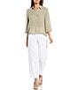 Color:Natural/White - Image 5 - Organic Linen Strata Point Collar 3/4 Sleeve Button Front Shirt