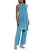 Color:River - Image 3 - Petite Size Silk Georgette Crepe Elastic Waisted Wide-Leg Pull-On Ankle Pants