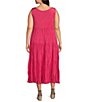 Color:Geranium - Image 2 - Plus Size Crinkle Silk Scoop Neck Sleeveless A-Line Tiered Midi Dress