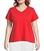 Color:Watermelon - Image 1 - Plus Size Organic Cotton Slub Jersey Knit V-Neck Short Sleeve Tee Shirt