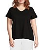 Color:Black - Image 1 - Plus Size Organic Cotton Slub Jersey Knit V-Neck Short Sleeve Tee Shirt