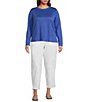 Color:Blue Star - Image 3 - Plus Size Organic Linen Jersey Knit Crew Neck Long Sleeve Tee Shirt