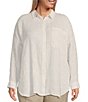 Color:Bronze - Image 1 - Plus Size Puckered Organic Linen Stripe Print Point Collar Long Sleeve Button-Front Shirt