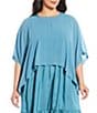 Color:River - Image 1 - Plus Size Sheer Silk Georgette Boat Neck Elbow Sleeve Boxy Cropped Poncho