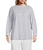Color:Wisteria - Image 1 - Plus Size Washed Organic Cotton Poplin Mandarin Collar Long Sleeve Button-Front Shirt