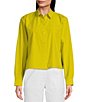 Color:Citron - Image 1 - Washed Organic Cotton Poplin Point Collar Long Sleeve Cropped Button-Front Shirt