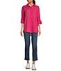 Color:Hot Pink - Image 4 - Placed Graphic Print Point Collar High-Low Hem Long Sleeve Button Front Shirt