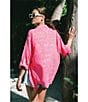 Color:Hot Pink - Image 6 - Placed Graphic Print Point Collar High-Low Hem Long Sleeve Button Front Shirt