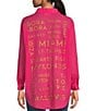 Color:Hot Pink - Image 1 - Placed Graphic Print Point Collar High-Low Hem Long Sleeve Button Front Shirt