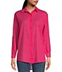 Color:Hot Pink - Image 2 - Placed Graphic Print Point Collar High-Low Hem Long Sleeve Button Front Shirt