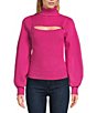 Color:Fuchsia - Image 1 - Solid Knit Turtleneck Bubble Sleeve Front Cut-Out Sweater