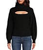 Color:Black - Image 1 - Solid Knit Turtleneck Bubble Sleeve Front Cut-Out Sweater
