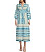 Color:White/Blue Print - Image 1 - Tiered Embroidered Tassel Tie V-Neck 3/4 Sleeve Shift Maxi Dress