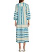 Color:White/Blue Print - Image 2 - Tiered Embroidered Tassel Tie V-Neck 3/4 Sleeve Shift Maxi Dress