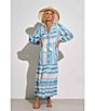 Color:White/Blue Print - Image 3 - Tiered Embroidered Tassel Tie V-Neck 3/4 Sleeve Shift Maxi Dress