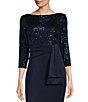 Color:Navy - Image 3 - 3/4 Sleeve Boat Neck Sequin Side Ruffle V-Back A-Line Gown
