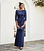 Color:Navy - Image 5 - 3/4 Sleeve Boat Neck Sequin Side Ruffle V-Back A-Line Gown