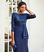 Color:Navy - Image 6 - 3/4 Sleeve Boat Neck Sequin Side Ruffle V-Back A-Line Gown