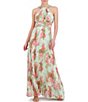 Color:Green Multi - Image 3 - Floral Pleated Chiffon Halter Neck Sleeveless Dress