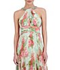 Color:Green Multi - Image 5 - Floral Pleated Chiffon Halter Neck Sleeveless Dress