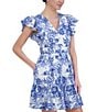 Color:Ivory Blue - Image 3 - Floral Print Eyelet V-Neck Short Ruffle Sleeve Mini Dress